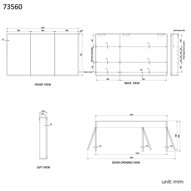 Aurora Battery Operated Matt Black Illuminated LED Mirror Cabinet 700x1200mm