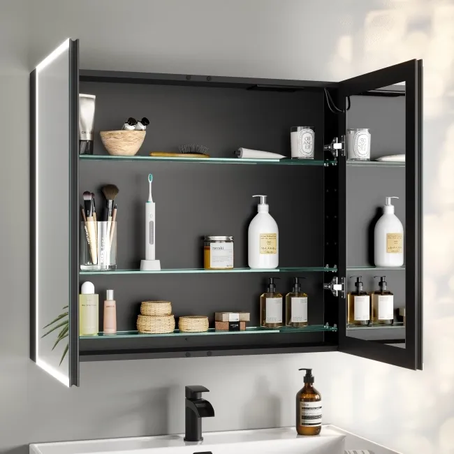 Esme Battery Operated Matt Black Illuminated LED Mirror Cabinet 700x800mm