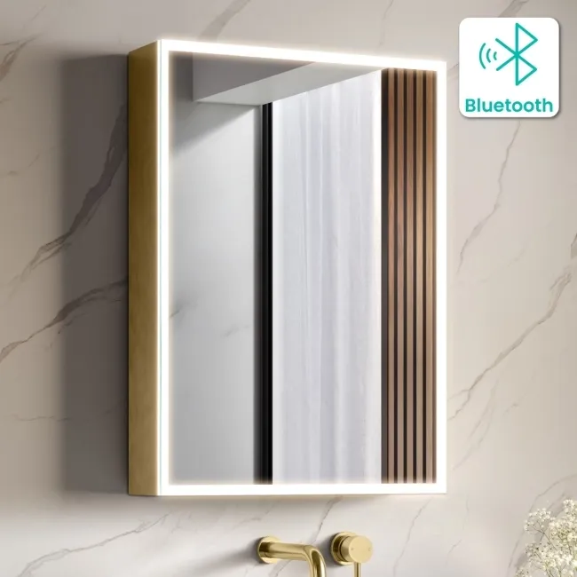 Margot Brushed Brass Illuminated LED Mirror Cabinet With BLUETOOTH Speaker & USB Port 700x500mm