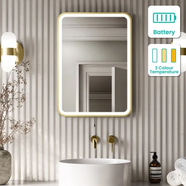 Mila Brushed Brass Battery Operated LED Mirror 700x500mm