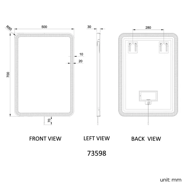 Mila Brushed Brass Battery Operated LED Mirror 700x500mm