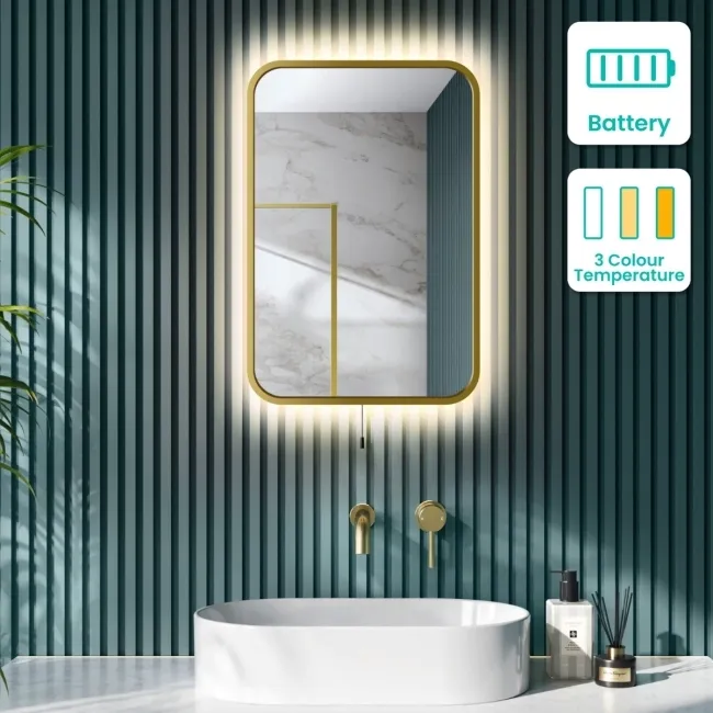 Mila Battery Operated Brushed Brass Backlit Illuminated LED Mirror 600x400mm