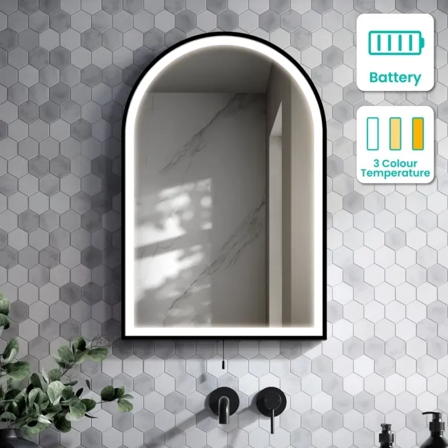Maya Battery Operated Matt Black Arched LED Mirror 750x500mm