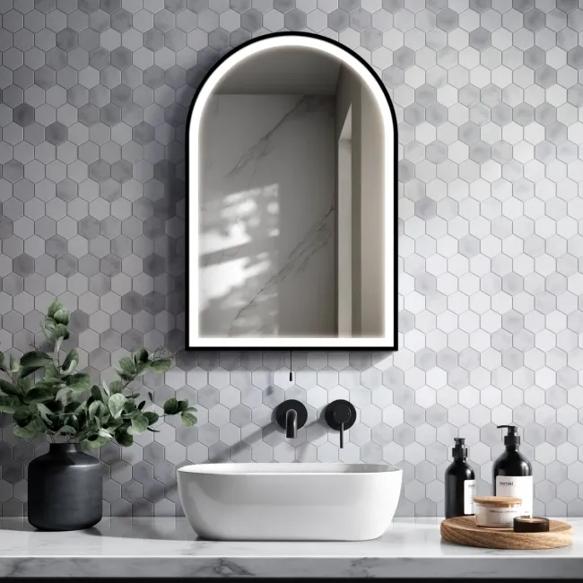 Maya Battery Operated Matt Black Arched LED Mirror 750x500mm