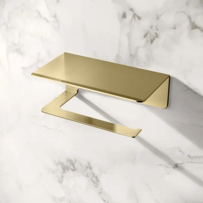 Remi Easy Fix Brushed Brass Toilet Roll Holder with Shelf