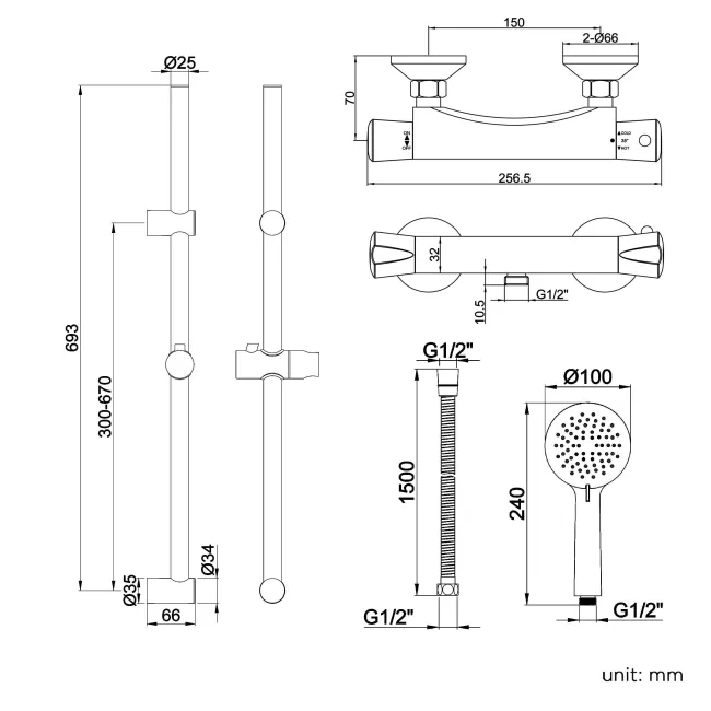 Lismore Round Thermostatic Shower Set With Multi-function Hand Shower