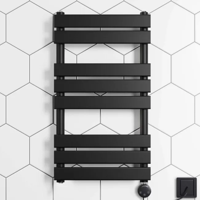 Santorini Electric Matt Black Flat Panel Heated Towel Rail 800x450mm
