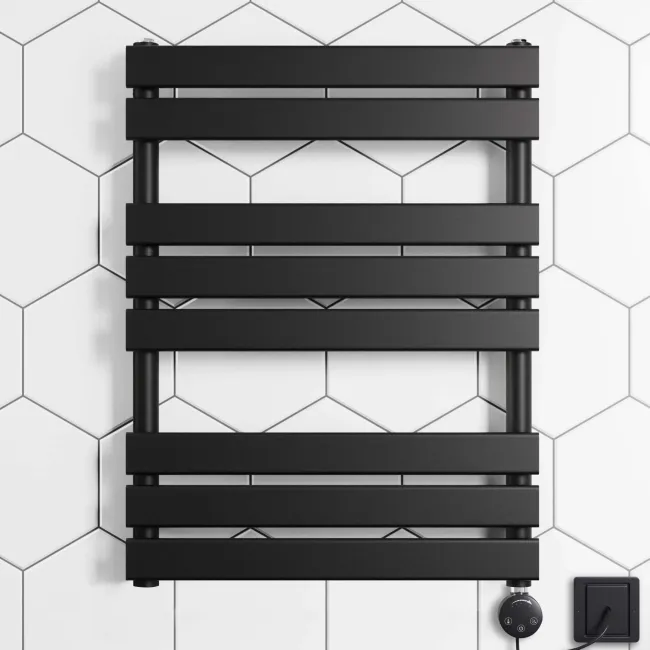 Santorini Electric Matt Black Flat Panel Heated Towel Rail 800x600mm