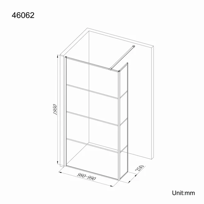Munich Matt Black Grid 8mm Wet Room Shower Glass 1000mm & 250mm Return Panel