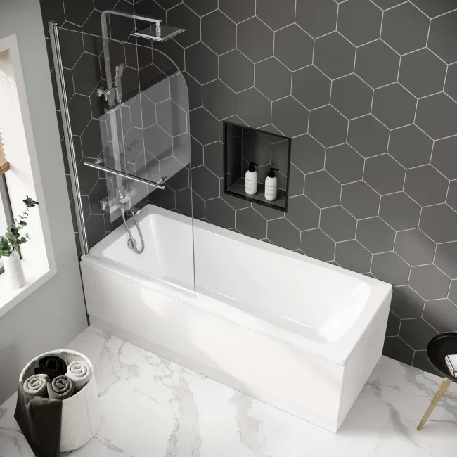 Hereford 1700x750 Square Shower Bath & 6mm Easy Clean Screen with Rail