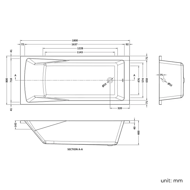 Hereford 1800x800 Square Shower Bath & 6mm Easy Clean Screen with Rail