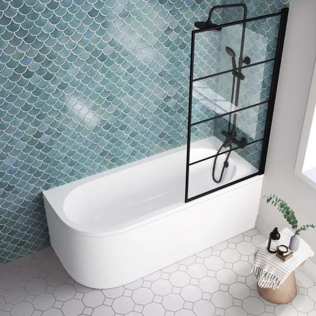 Oakham 1700 Space Saving Shower Bath & 6mm Easy Clean Matt Black Grid Bath Screen - Right Handed