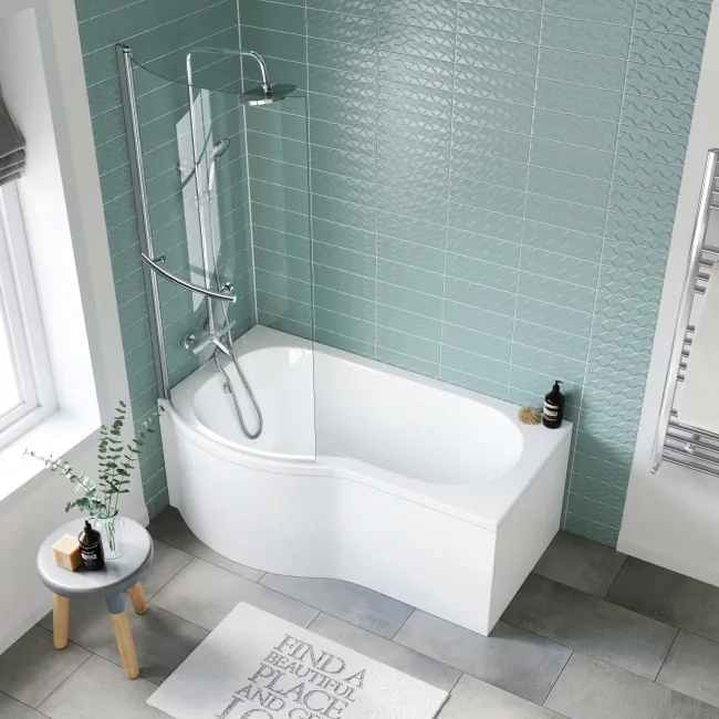 P Shaped 1500 Shower Bath with Front Panel & 4mm Screen with Rail - Left Handed