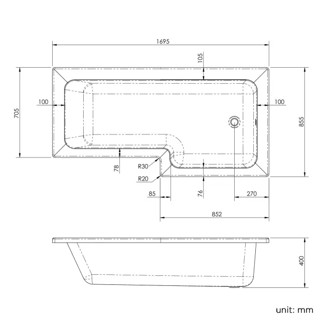 L Shaped 1700 Shower Bath & 4mm Fixed Screen - Right Handed