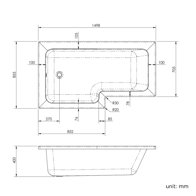 L Shaped 1500 Shower Bath with Front Panel & 4mm Fixed Screen with Rail - Left Handed