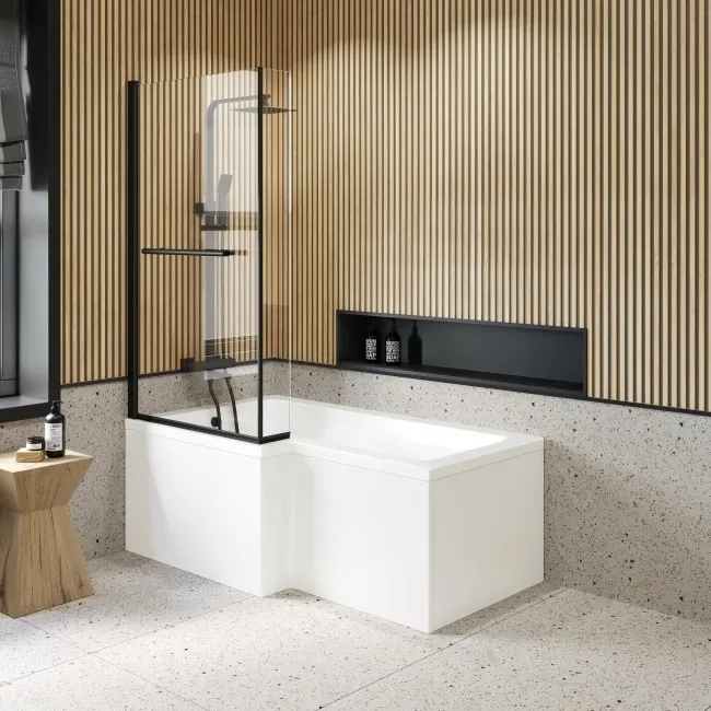L Shaped 1600 Shower Bath with Front Panel & 6mm Matt Black Easy Clean Screen with Rail - Left Handed
