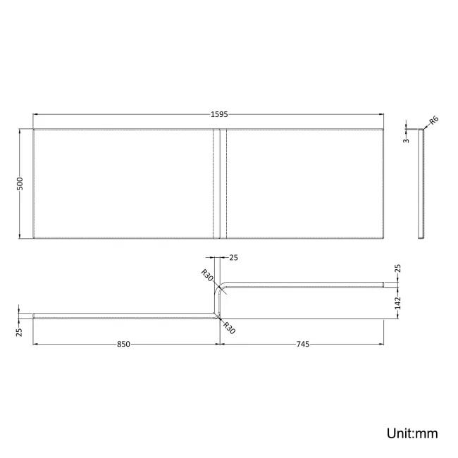 L Shaped 1600 Shower Bath with Front Panel & 6mm Matt Black Easy Clean Screen with Rail - Right Handed