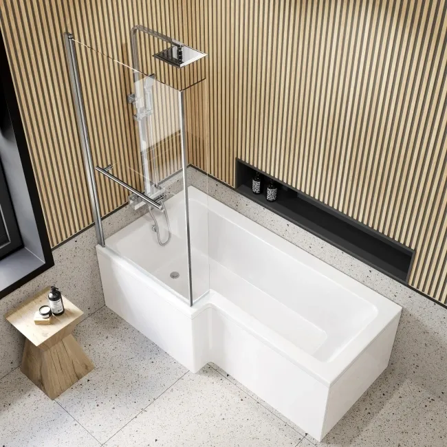 L Shaped 1700 Shower Bath with Front Panel & 6mm Easy Clean Screen with Rail - Left Handed