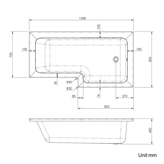 L Shaped 1600 Shower Bath with Front Panel & 6mm Easy Clean Matt Black Grid Bath Screen - Right Handed