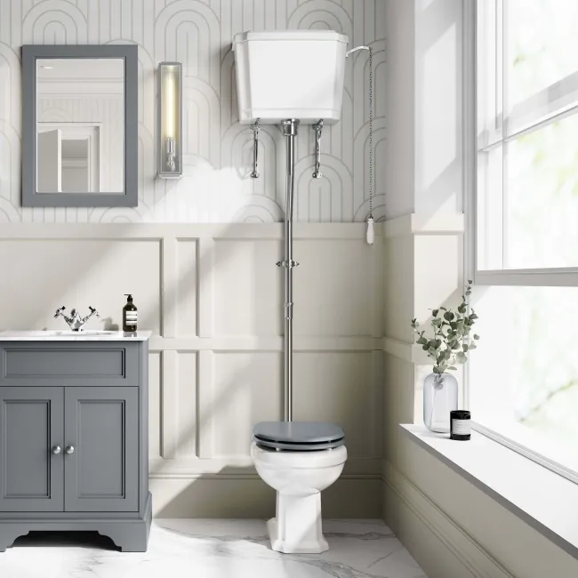 Hudson Traditional Toilet With High-Level Cistern and Dove Grey Wooden Seat