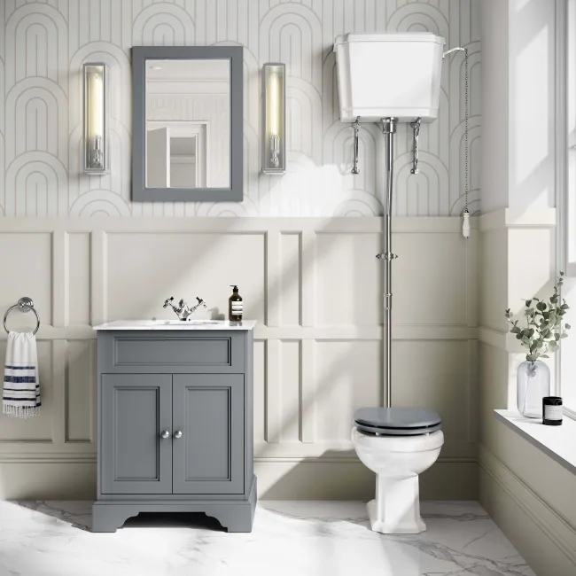Hudson Traditional Toilet With High-Level Cistern and Dove Grey Wooden Seat