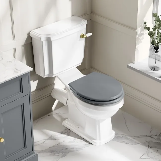 Hudson Traditional Close Coupled Toilet With Dove Grey Wooden Seat - Brushed Brass Lever