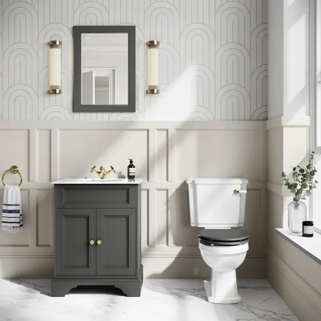 Hudson Traditional Close Coupled Toilet With Graphite Grey Wooden Seat - Brushed Brass Lever