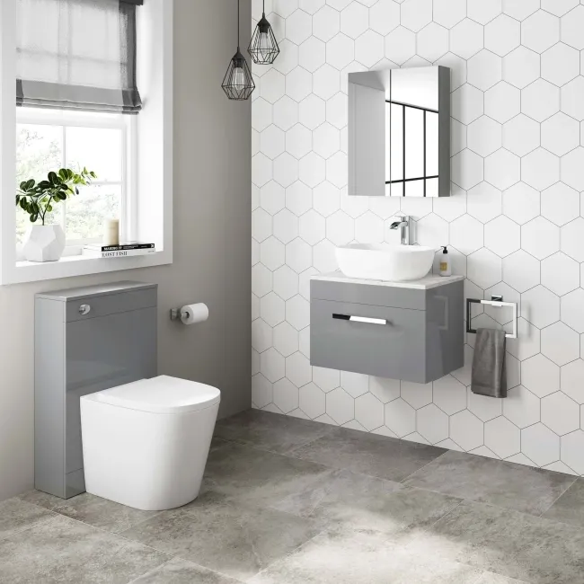 Avon Stone Grey Wall Hung Drawer Vanity with Marble Top & Curved Counter Top Basin 600mm