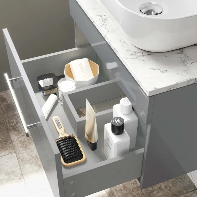 Avon Stone Grey Wall Hung Drawer Vanity with Marble Top & Curved Counter Top Basin 600mm