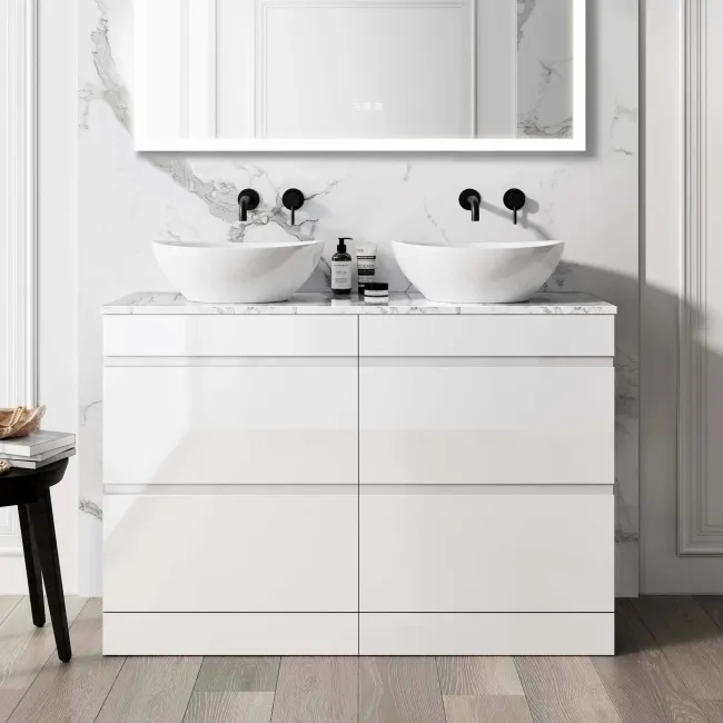 Trent Gloss White Double Vanity Drawer with Marble Top & Oval Counter Top Basin 1200mm