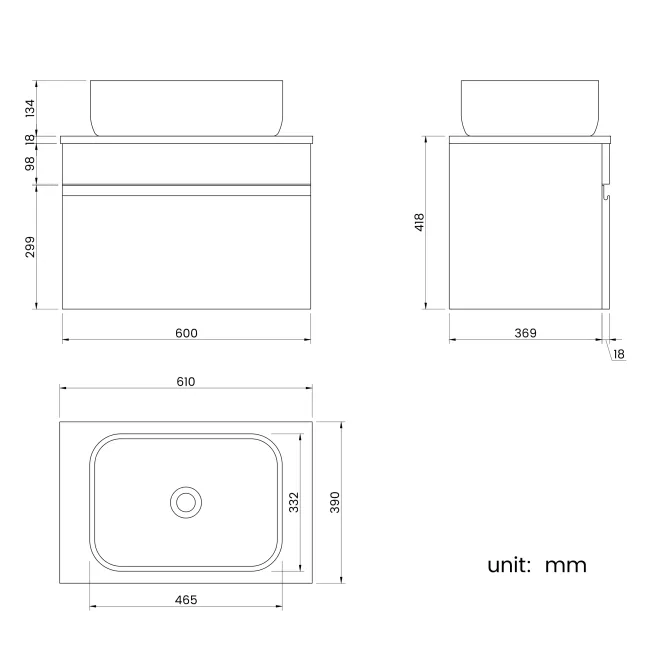 Trent Stone Grey Wall Hung Drawer Vanity with Curved Counter Top Basin 600mm