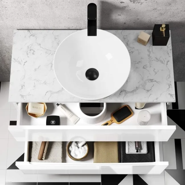Austin Gloss White Wall Hung Drawer Vanity with Marble Top & Round Counter Top Basin 800mm