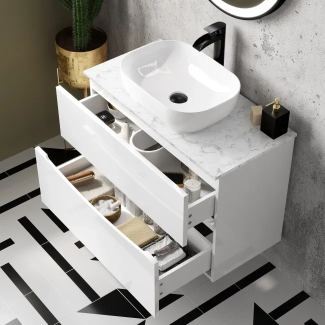 Austin Gloss White Wall Hung Drawer Vanity with Marble Top & Curved Counter Top Basin 800mm