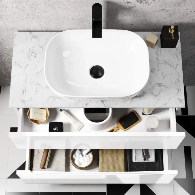Austin Gloss White Wall Hung Drawer Vanity with Marble Top & Curved Counter Top Basin 800mm