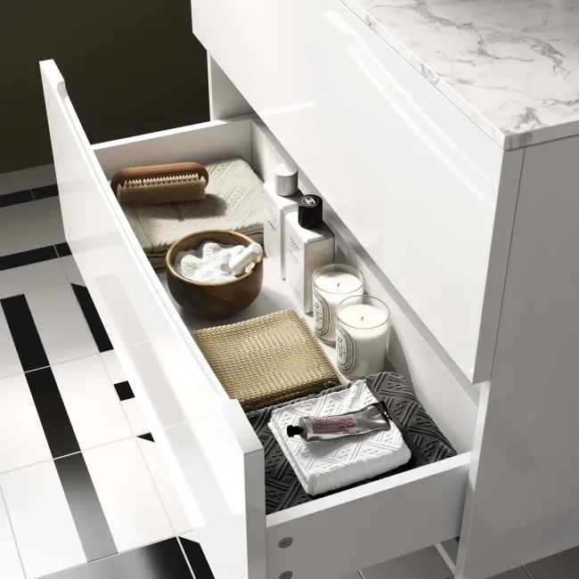Austin Gloss White Wall Hung Drawer Vanity with Marble Top & Curved Counter Top Basin 800mm
