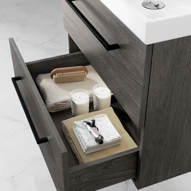 Elba Charcoal Elm Wall Hung Basin Drawer Vanity 600mm - Black Accents