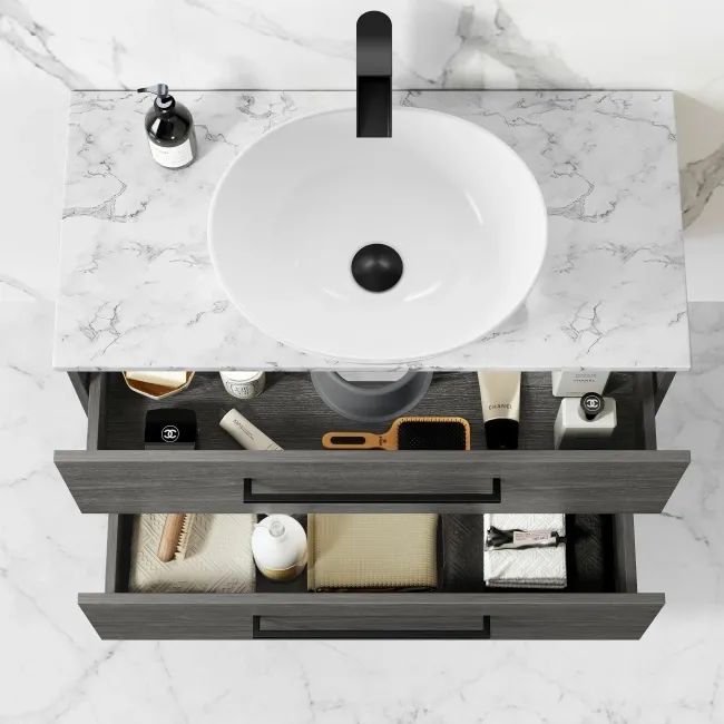 Elba Charcoal Elm Wall Hung Drawer Vanity with Marble Top & Oval Counter Top Basin 800mm - Black Accents