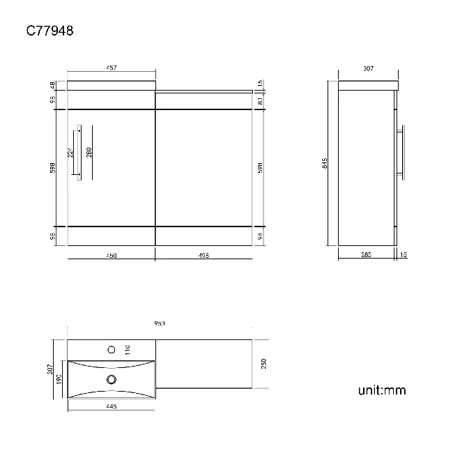 Avon Stone Grey Basin Vanity and Back To Wall Unit 950mm