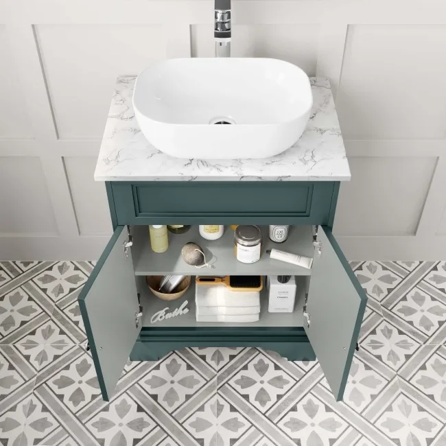 Lucia Midnight Green Vanity with Marble Top & Curved Counter Top Basin 640mm