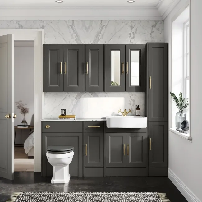 Monaco Graphite Grey Combination Vanity Basin with Marble Top 1500mm (Excludes Pan & Cistern) - Brass Knurled Handles