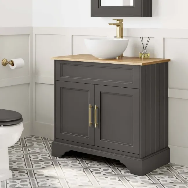 Lucia Graphite Grey Vanity with Oak Effect Top & Round Counter Top Basin 840mm - Brass Knurled Handles