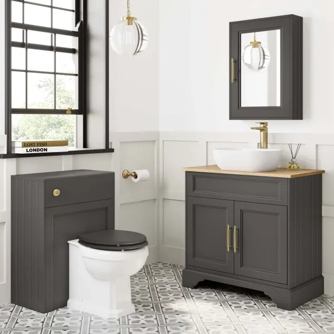 Lucia Graphite Grey Vanity with Oak Effect Top & Curved Counter Top Basin 840mm - Brass Knurled Handles