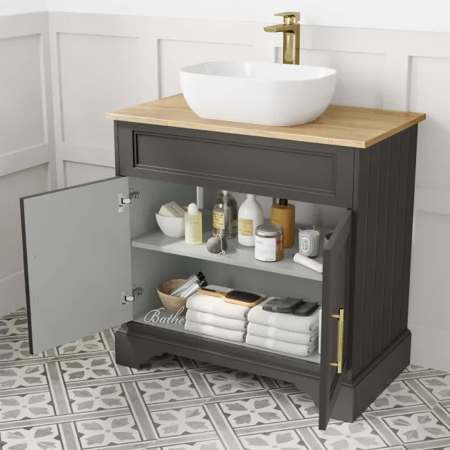 Lucia Graphite Grey Vanity with Oak Effect Top & Curved Counter Top Basin 840mm - Brass Knurled Handles