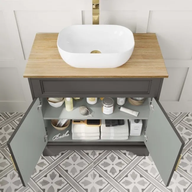 Lucia Graphite Grey Vanity with Oak Effect Top & Curved Counter Top Basin 840mm - Brass Knurled Handles