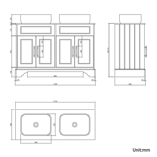 Lucia Graphite Grey Double Vanity with Marble Top & Curved Counter Top Basin 1200mm - Brass Knurled Handles