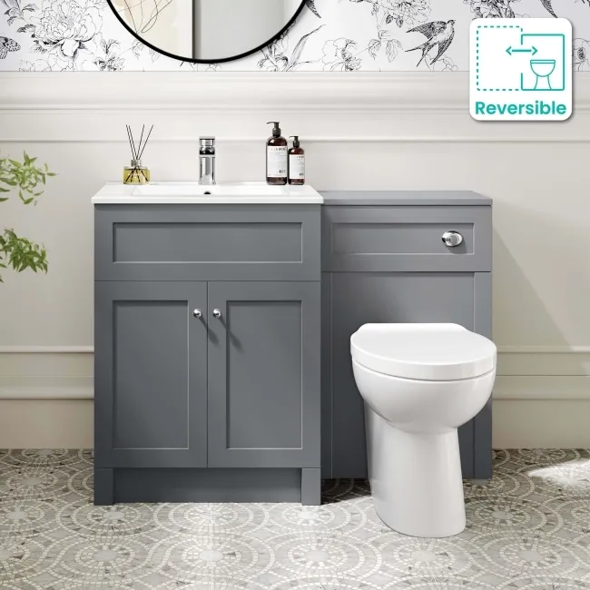 Milos Fog Grey Combination Vanity Basin and Austin Toilet 1100mm - Chrome Handles