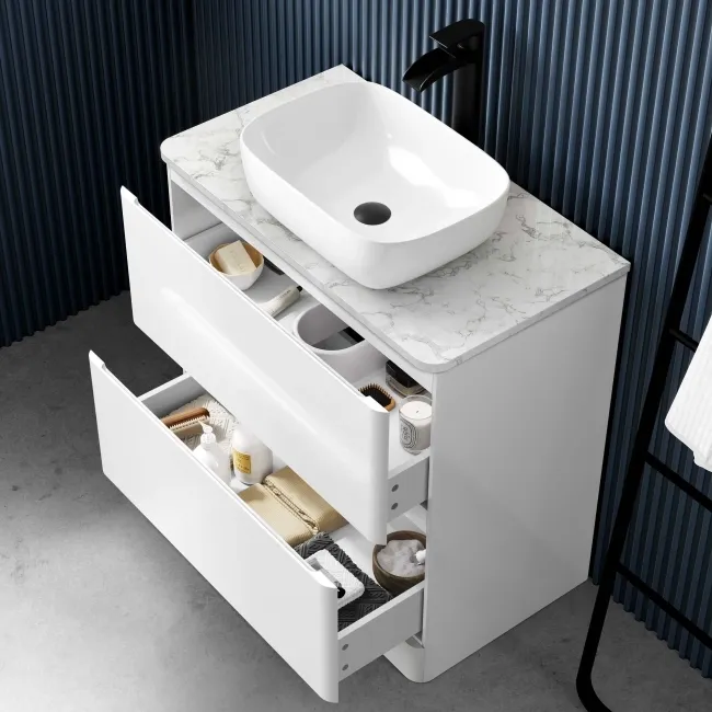 Corsica Gloss White Vanity Drawer with Marble Top & Curved Counter Top Basin 800mm