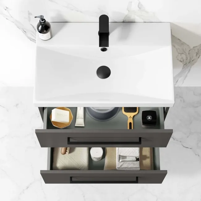 Elba Graphite Grey Wall Hung Basin Drawer Vanity 600mm with Matt Black Stand