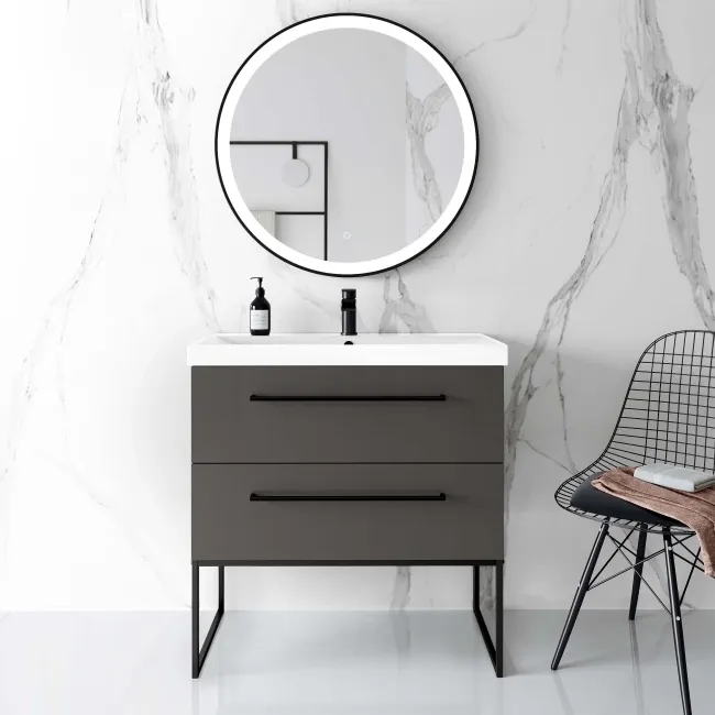 Elba Graphite Grey Wall Hung Basin Drawer Vanity 800mm with Matt Black Stand