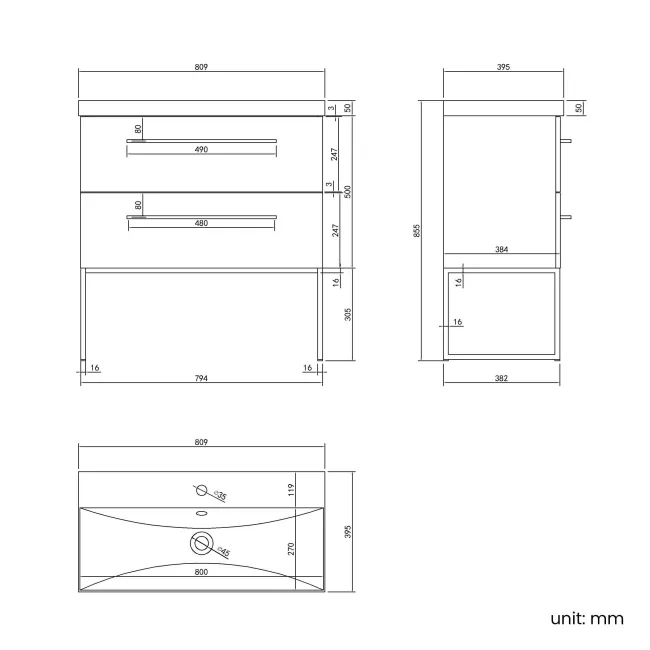 Elba Graphite Grey Wall Hung Basin Drawer Vanity 800mm with Matt Black Stand